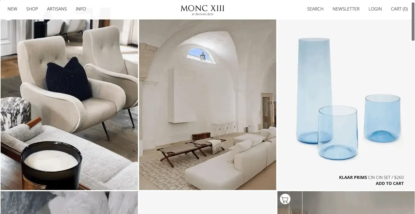 Redesigned MONC XIII homepage with a 3 column grid of products, collections and Instagram posts