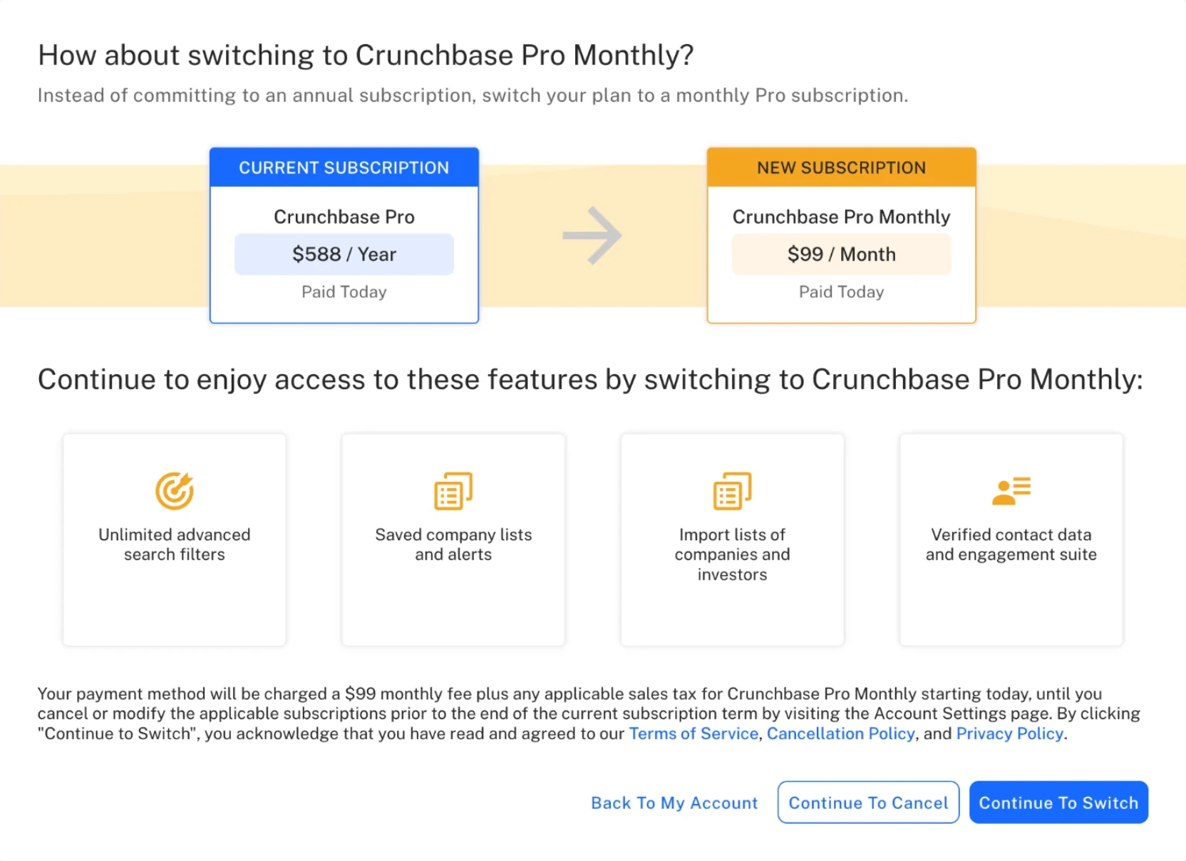 Before: the switch-to-monthly offer, where Continue To Cancel was a blue outline button beside a blue Continue To Switch