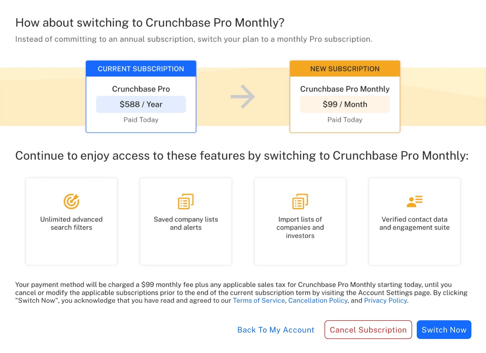 After: the same offer, with the exit renamed Cancel Subscription and styled red, beside Switch Now