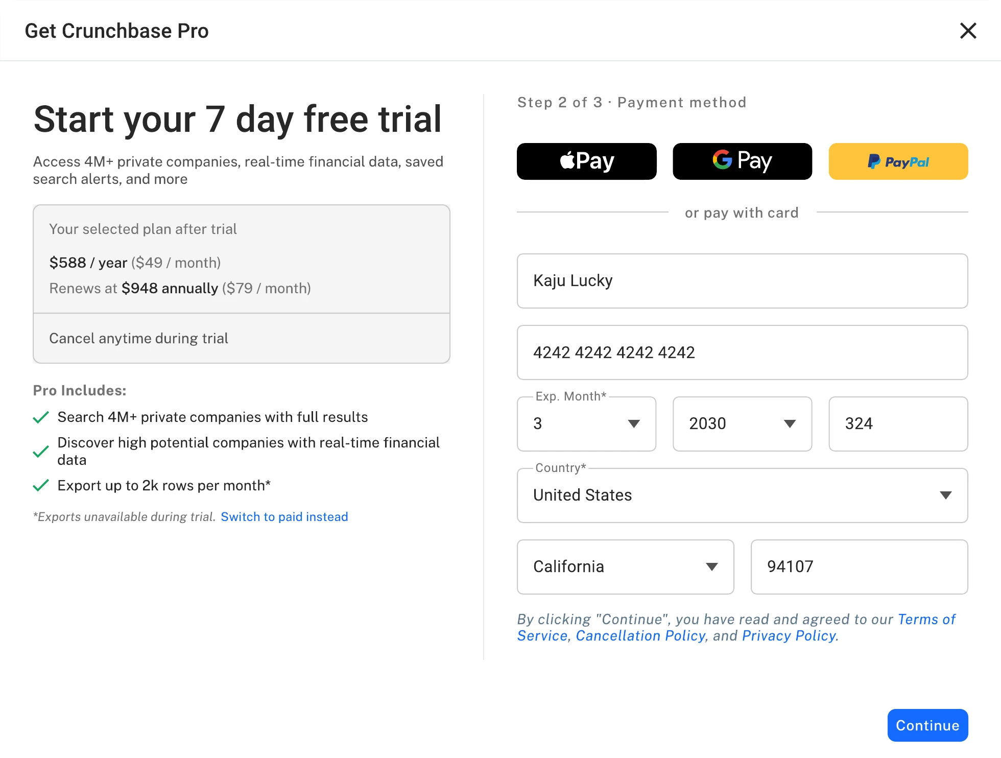 After: step 2 of the redesigned modal, the selected plan summary on the left while payment details are entered on the right