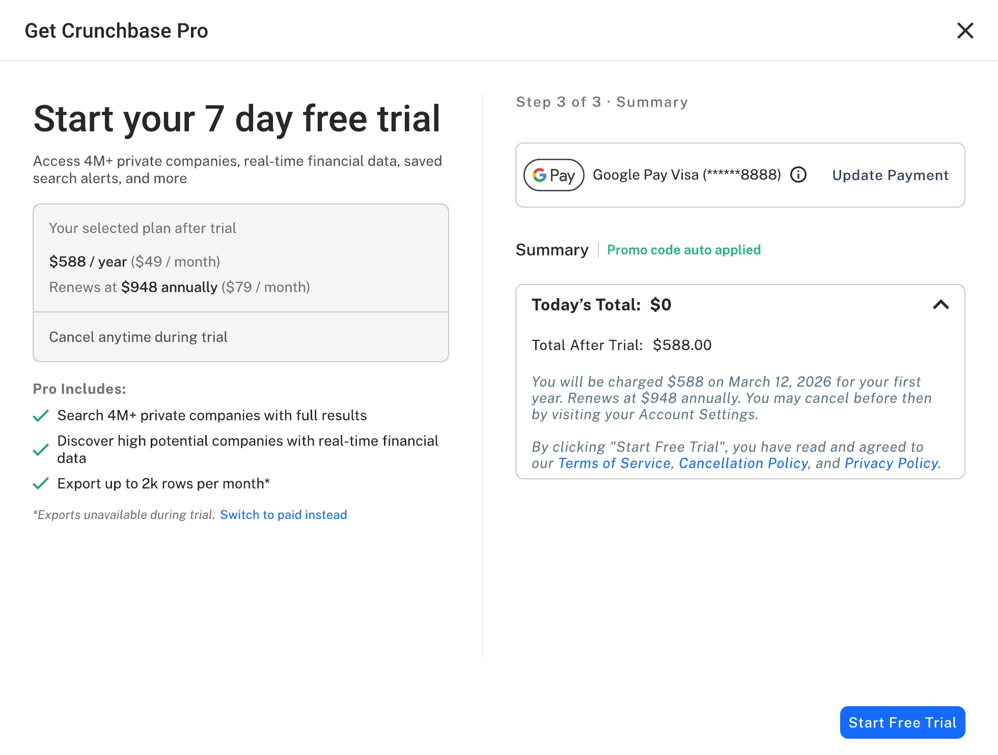 After: step 3 of the redesigned modal, the selected plan on the left and today’s total of $0 with the charge after trial on the right