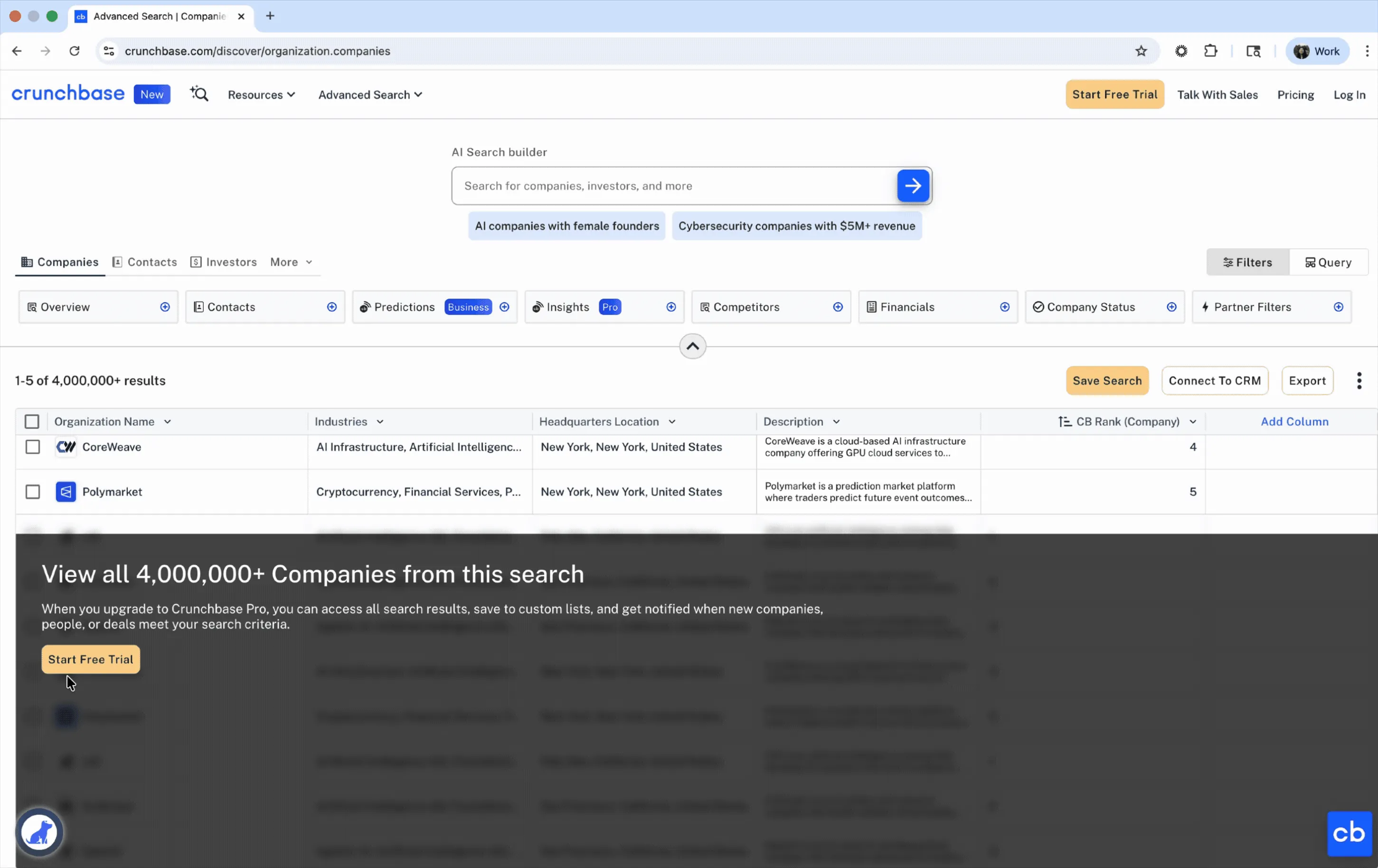 Prototype of the redesigned flow: clicking Start Free Trial in Advanced Search opens the wider modal, which moves from step 1, choosing a plan and creating an account, through payment to the step 3 summary