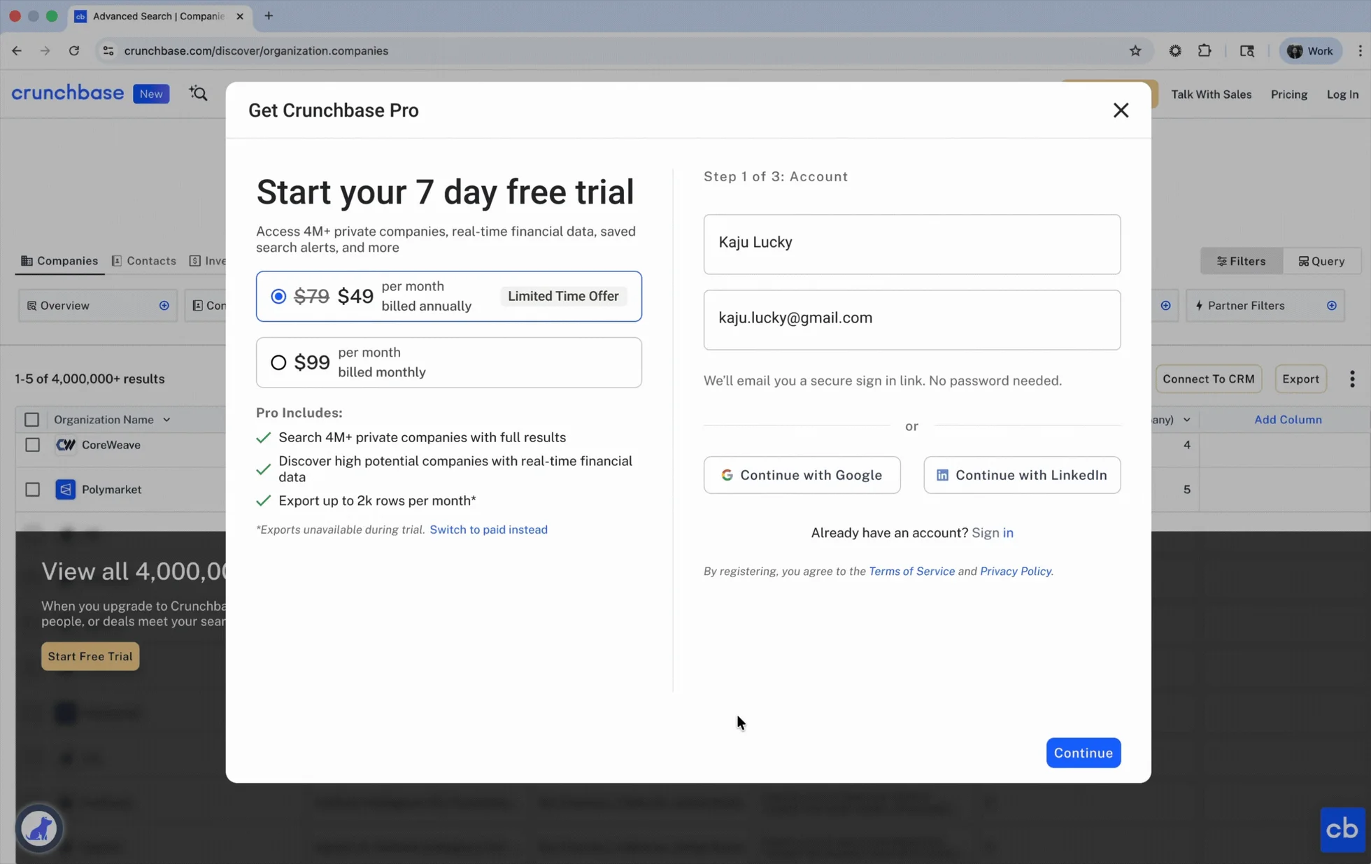 Prototype of the redesigned flow: clicking Start Free Trial in Advanced Search opens the wider modal, which moves from step 1, choosing a plan and creating an account, through payment to the step 3 summary